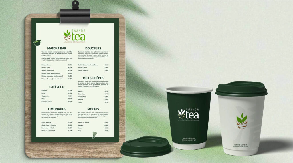 rwanda tea menu board and paper mug mock ups